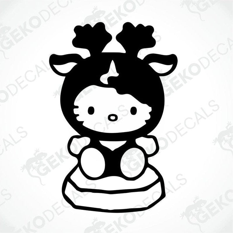 A die cut sticker of Hello Kitty character with a black outfit and two cats on her head, delivered on transfer paper.