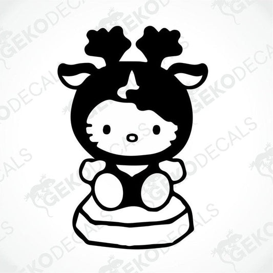 A die cut sticker of Hello Kitty character with a black outfit and two cats on her head, delivered on transfer paper.