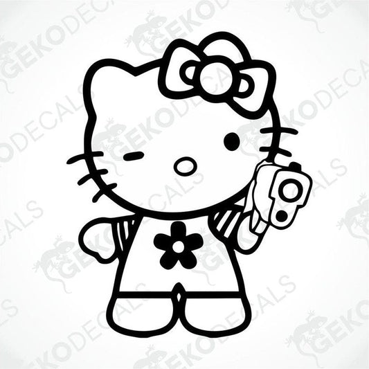 A black and white line drawing of Hello Kitty holding a toy gun.