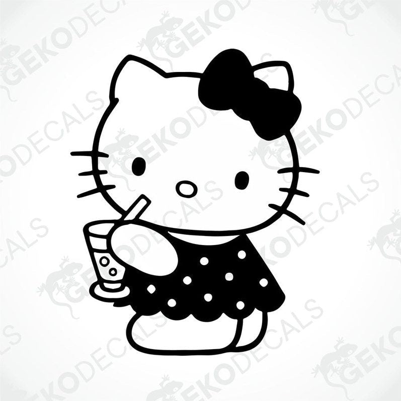 A black and white sticker of Hello Kitty holding a straw, suitable for car decals.