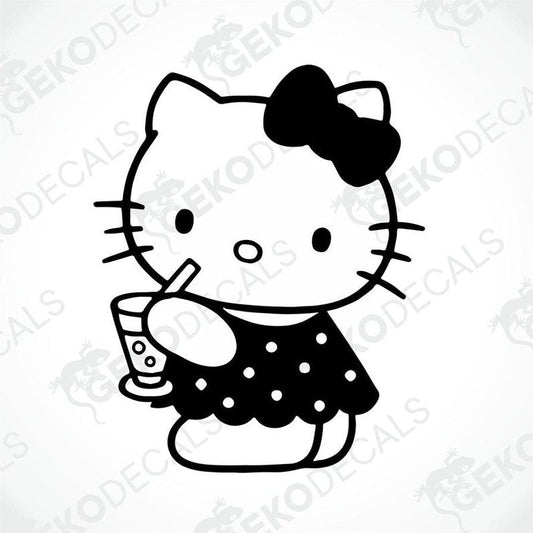 A black and white sticker of Hello Kitty holding a straw, suitable for car decals.