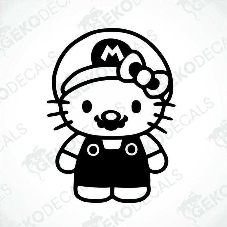 A die cut sticker depicting Hello Kitty dressed in a Mario Bros costume, designed for use as a car decal.