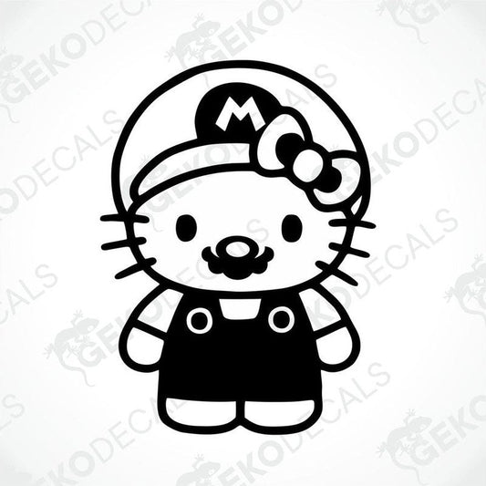 A die cut sticker depicting Hello Kitty dressed in a Mario Bros costume, designed for use as a car decal.