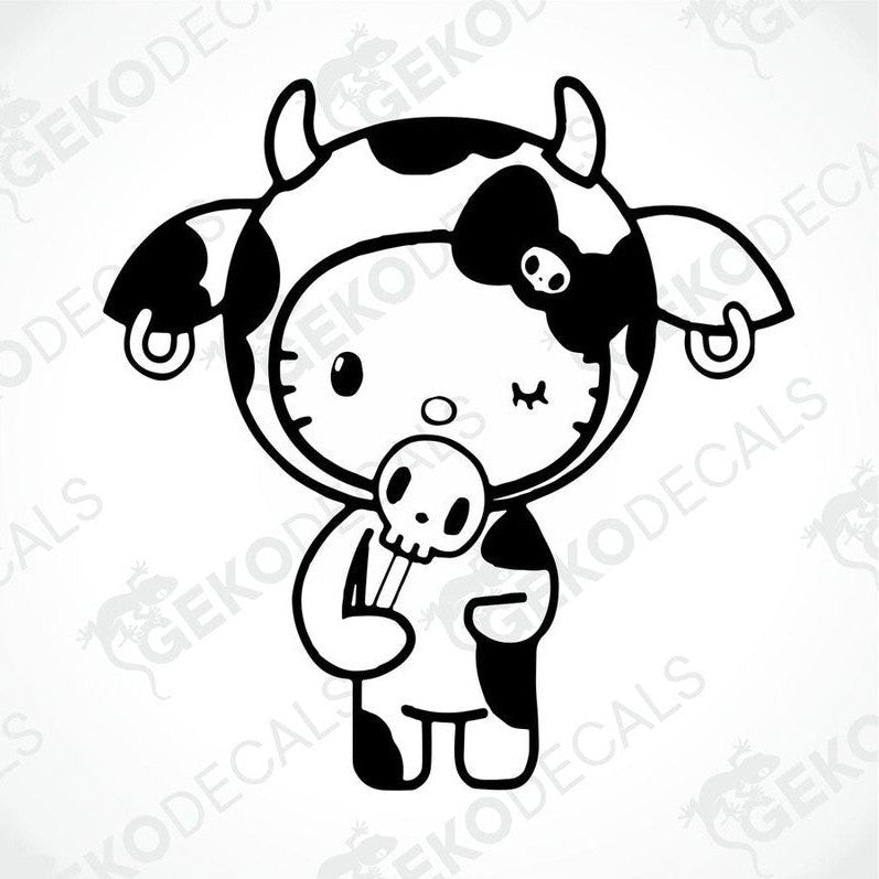A black and white sticker of Hello Kitty holding a skull.