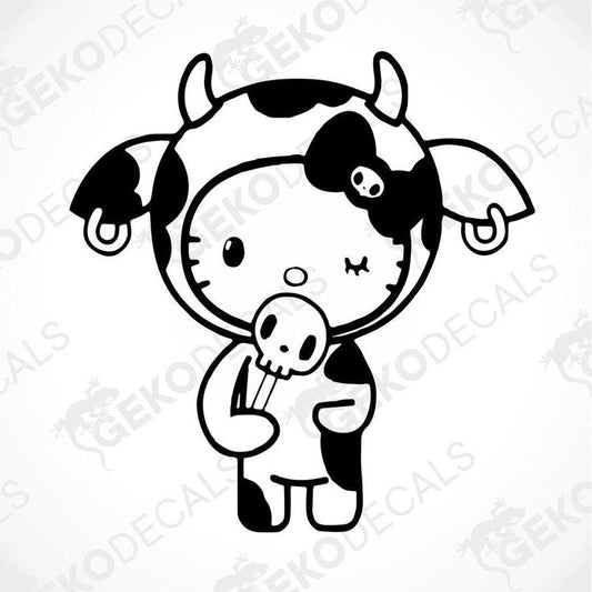 A black and white sticker of Hello Kitty holding a skull.