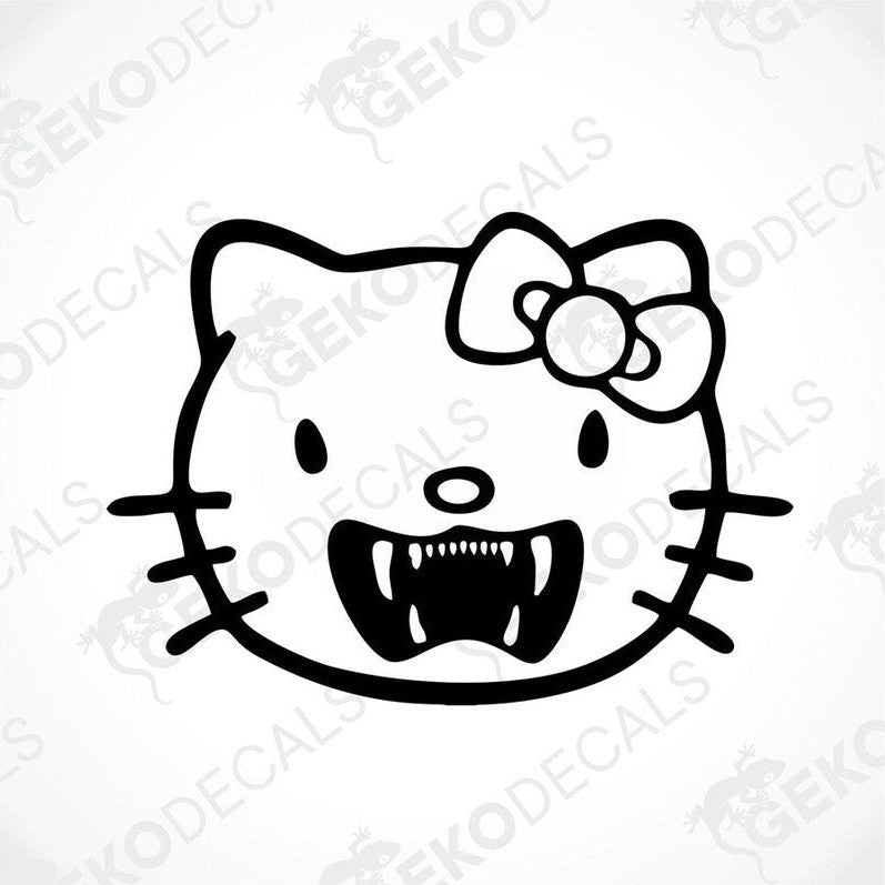 A die cut sticker of Hello Kitty with a growling expression and a bow on her head.