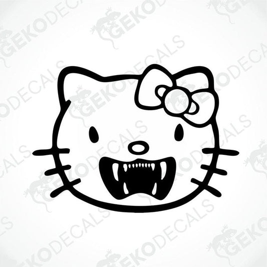 A die cut sticker of Hello Kitty with a growling expression and a bow on her head.
