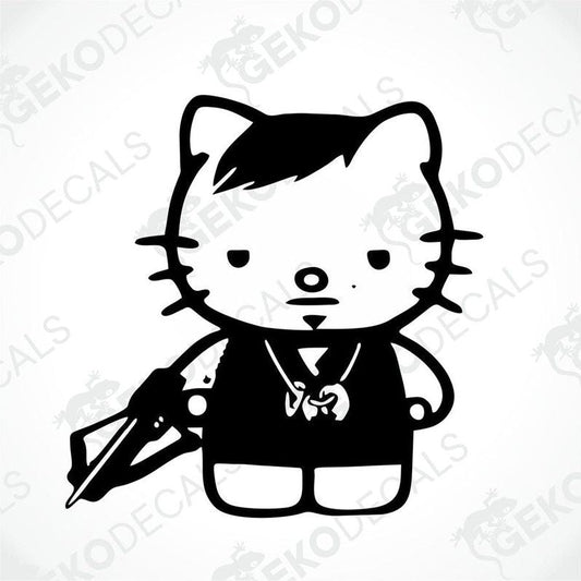 A black and white sticker of Hello Kitty holding a gun and wearing a tie.
