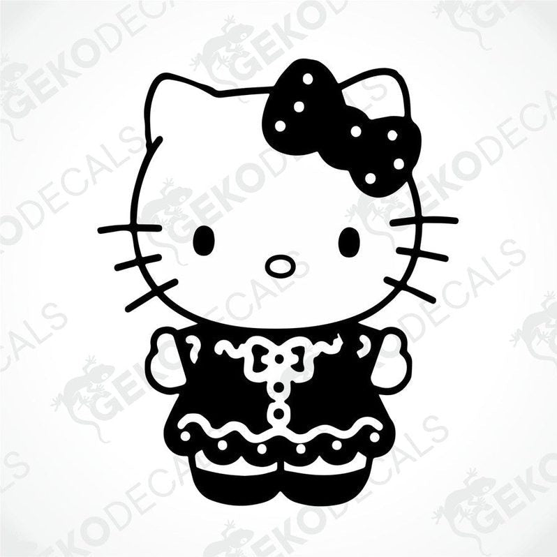 A black and white sticker of Hello Kitty wearing a dress with a bow.
