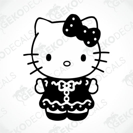 A black and white sticker of Hello Kitty wearing a dress with a bow.