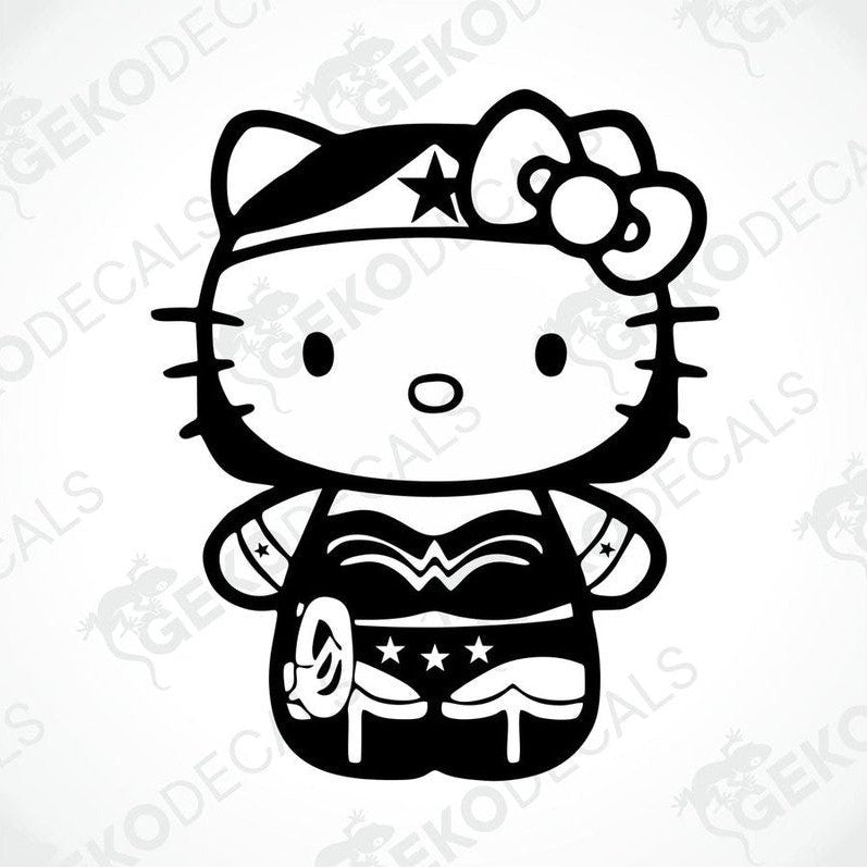 A black and white sticker of Hello Kitty wearing a superhero costume resembling Wonder Woman's outfit.