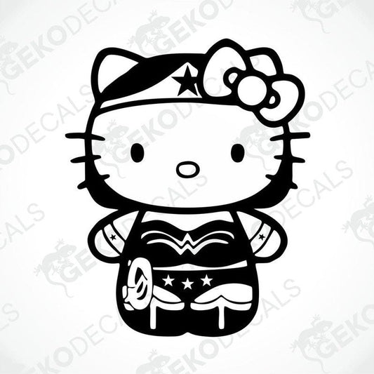 A black and white sticker of Hello Kitty wearing a superhero costume resembling Wonder Woman's outfit.