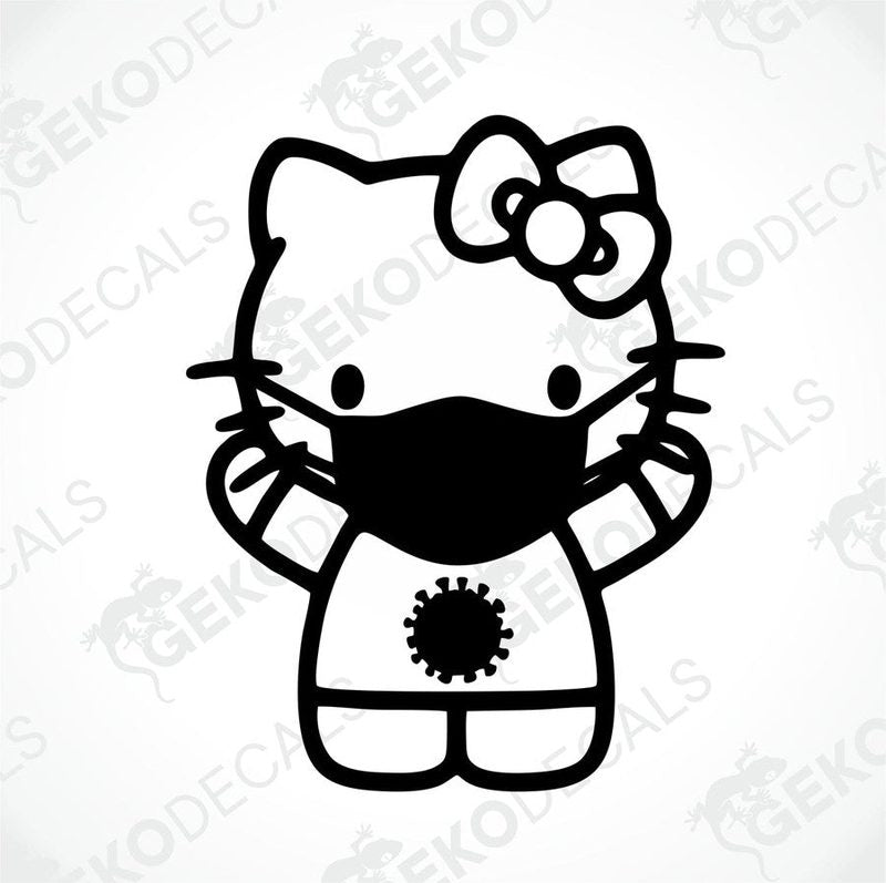 A die cut sticker of Hello Kitty wearing a black mask and carrying a sanitizer.