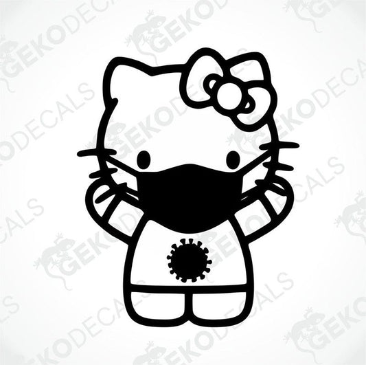 A die cut sticker of Hello Kitty wearing a black mask and carrying a sanitizer.