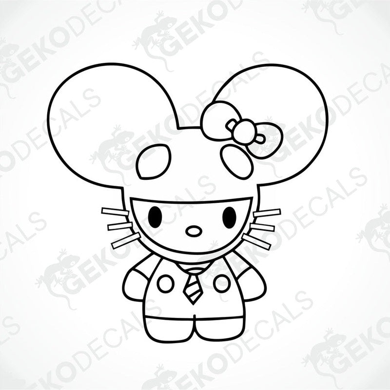 A black and white line drawing of Hello Kitty with a bow on her head.