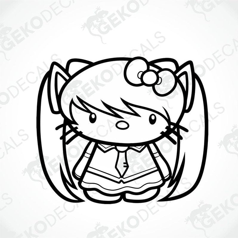 A black and white drawing of Hello Kitty wearing a dress and bow tie.