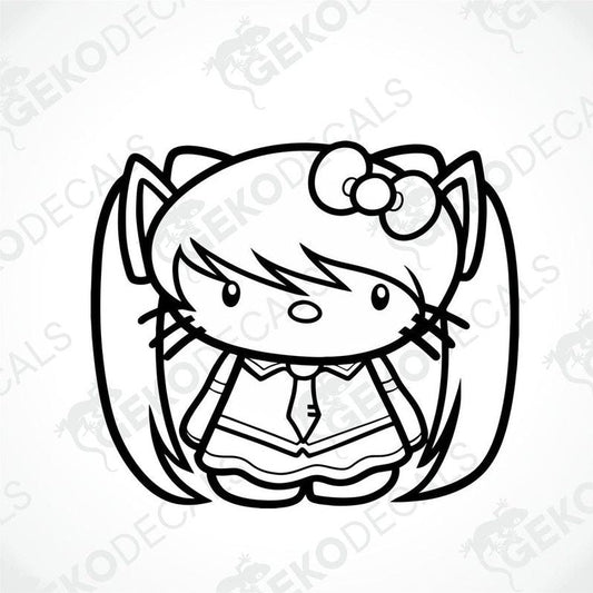 A black and white drawing of Hello Kitty wearing a dress and bow tie.