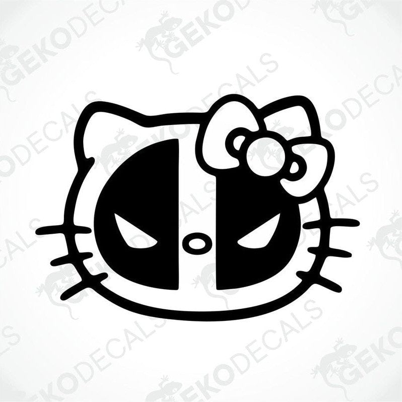 A die cut sticker depicting a stylized character resembling Hello Kitty with a black and white color scheme and a large bow on the head.