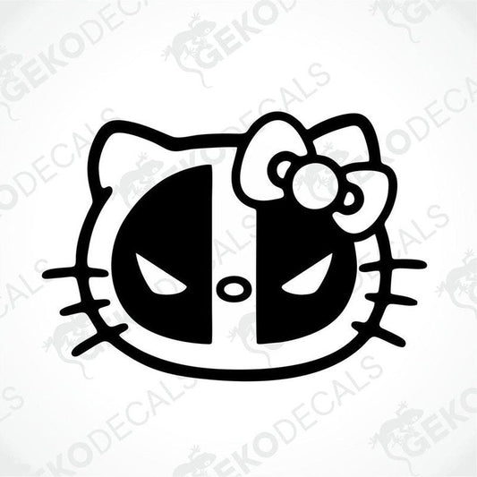 A die cut sticker depicting a stylized character resembling Hello Kitty with a black and white color scheme and a large bow on the head.