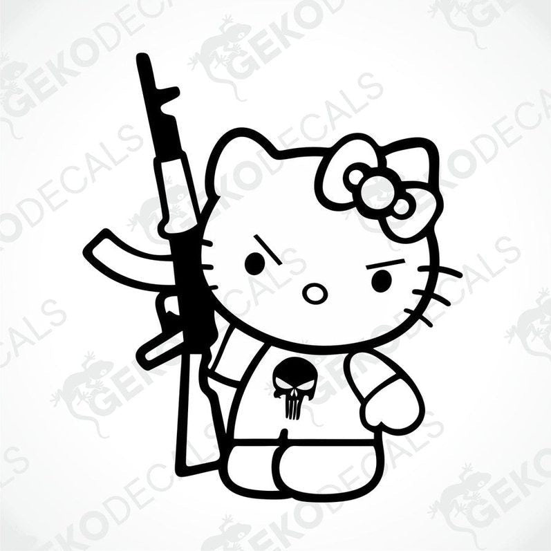 A die cut sticker depicting a stylized Hello Kitty character with a serious expression, wearing a skull t-shirt and holding a gun, designed for use on vehicles.