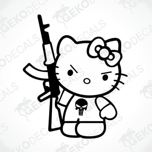 A die cut sticker depicting a stylized Hello Kitty character with a serious expression, wearing a skull t-shirt and holding a gun, designed for use on vehicles.
