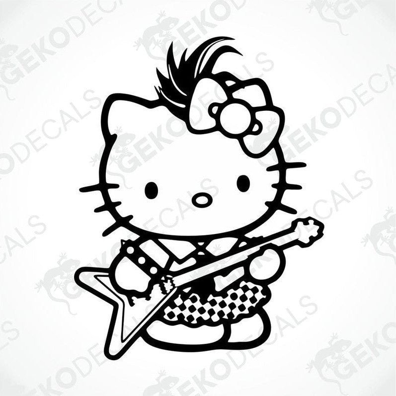 A black and white sticker of Hello Kitty holding a guitar.