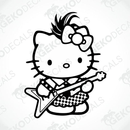 A black and white sticker of Hello Kitty holding a guitar.