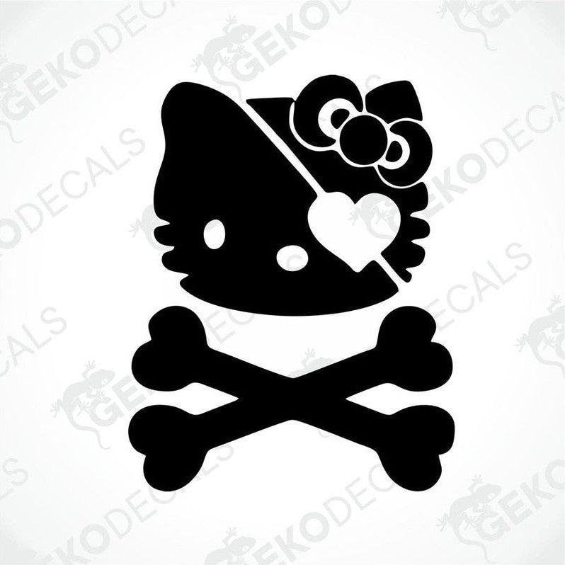 A black and white sticker of Hello Kitty with a decorative flower and a skull and crossbones design.