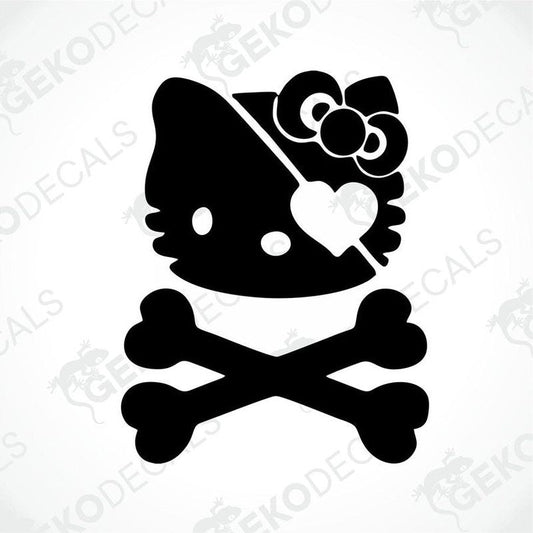 A black and white sticker of Hello Kitty with a decorative flower and a skull and crossbones design.