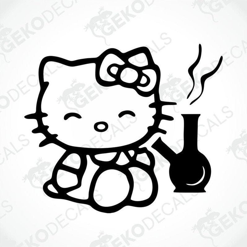 A black and white sticker of Hello Kitty holding a pipe and a bow, with the text 'gecko decals' on the background.