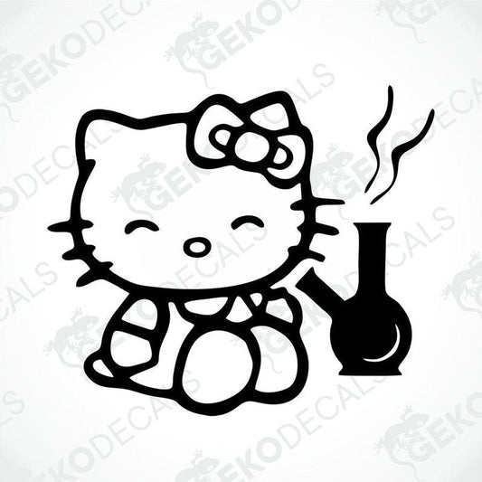 A black and white sticker of Hello Kitty holding a pipe and a bow, with the text 'gecko decals' on the background.