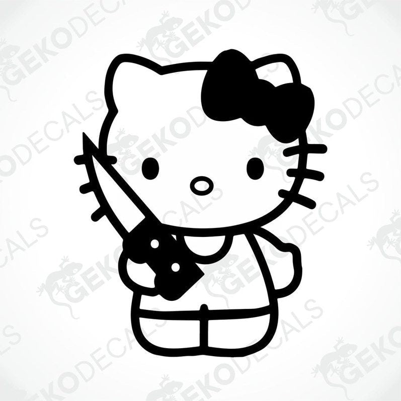 A black and white sticker of Hello Kitty holding a knife.