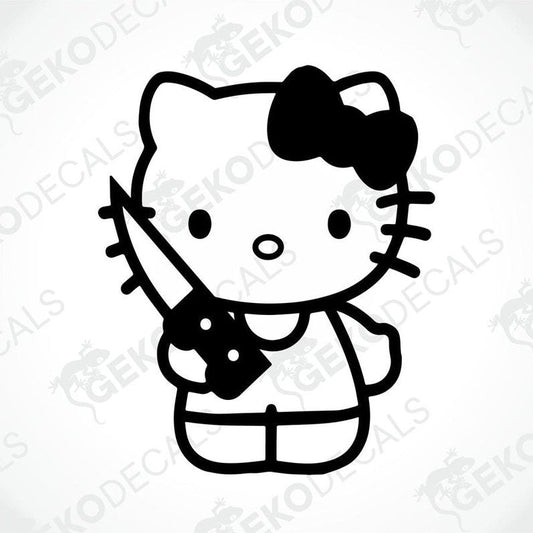 A black and white sticker of Hello Kitty holding a knife.