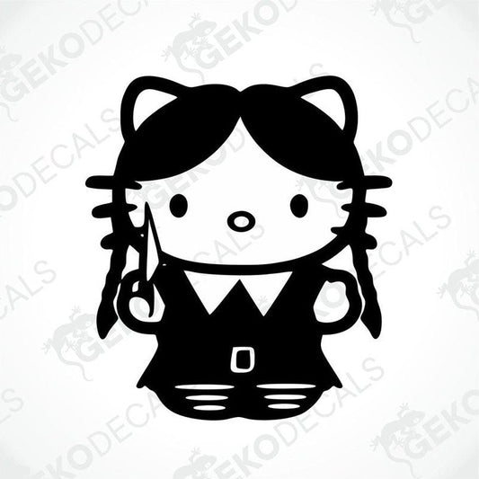 A die cut sticker depicting Hello Kitty wearing a school uniform, designed for use on cars or other surfaces.