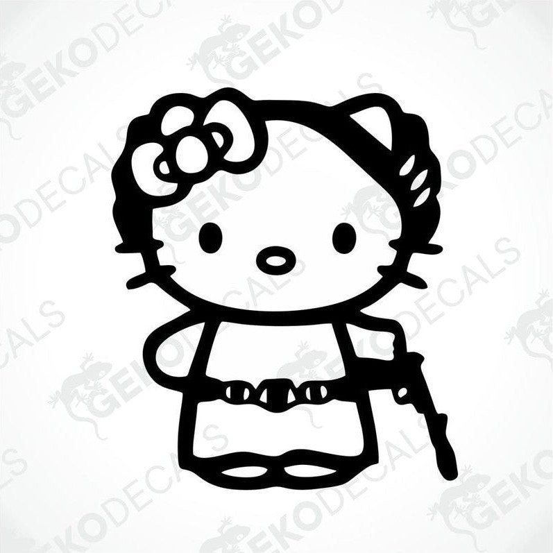 A die cut sticker of Hello Kitty character, predominantly black in color, designed for use on vehicles.