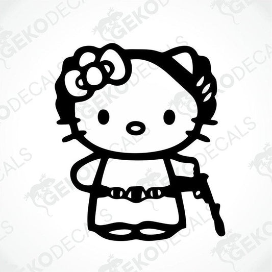 A die cut sticker of Hello Kitty character, predominantly black in color, designed for use on vehicles.