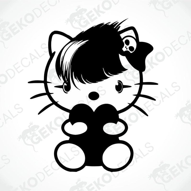 A black and white sticker of Hello Kitty with a bow and a skull accessory.