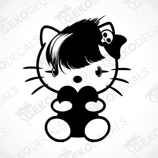 A black and white sticker of Hello Kitty with a bow and a skull accessory.