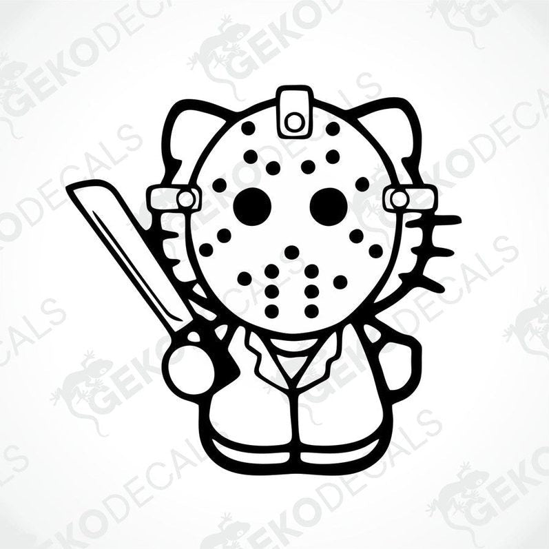 A sticker depicting Hello Kitty with a character from a horror movie, holding a knife and wearing a costume resembling a serial killer.