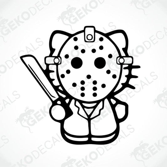 A sticker depicting Hello Kitty with a character from a horror movie, holding a knife and wearing a costume resembling a serial killer.
