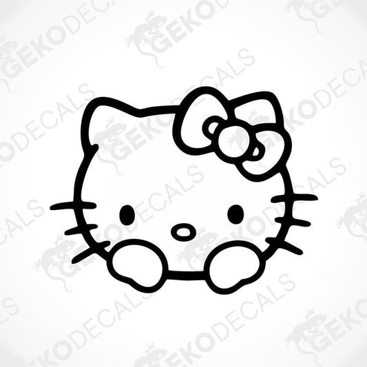 A black and white line drawing of Hello Kitty with a flower on her head.