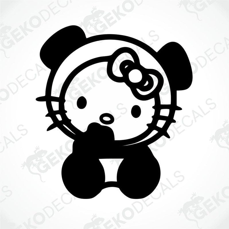A black and white sticker of Hello Kitty with a bow on her head.