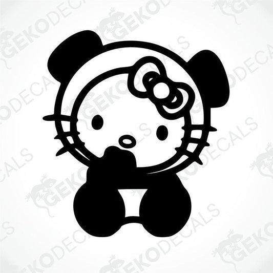 A black and white sticker of Hello Kitty with a bow on her head.