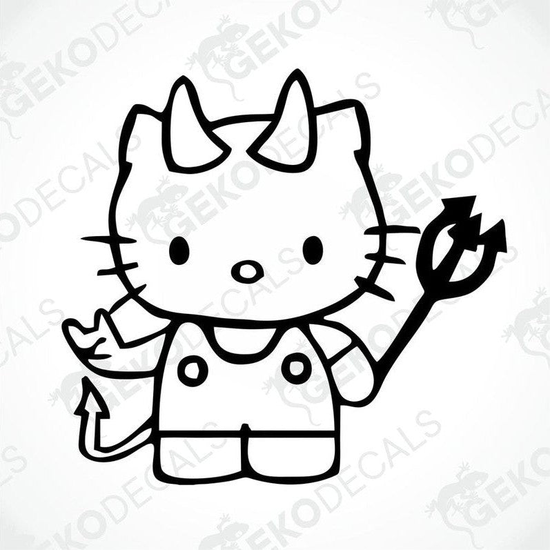 Sticker of Hello Kitty dressed as a devil with a pitchfork.