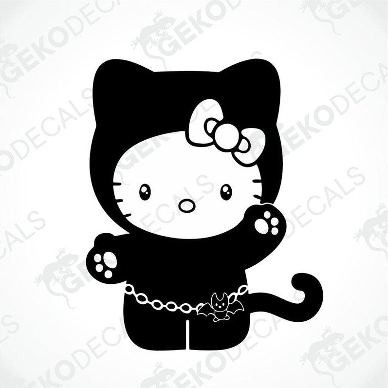 A black and white sticker of Hello Kitty wearing a costume resembling a cat.