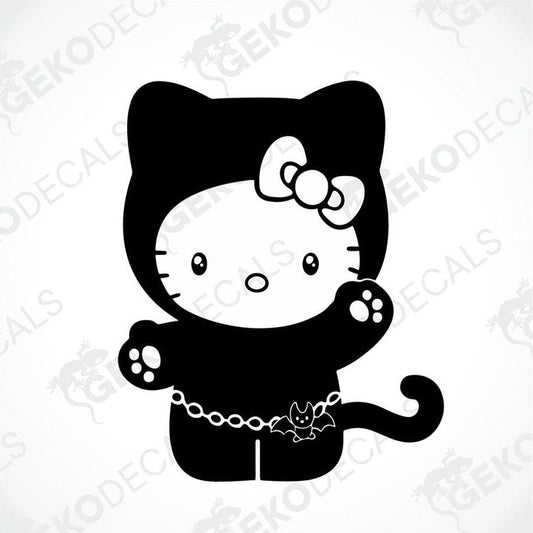 A black and white sticker of Hello Kitty wearing a costume resembling a cat.