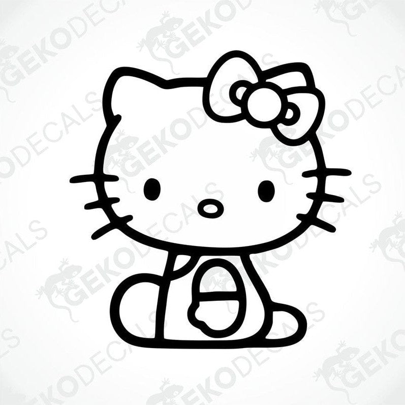 A black and white line drawing of Hello Kitty with a bow on her head.