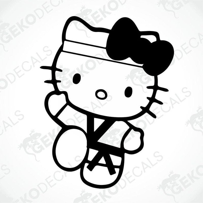 A black and white sticker of Hello Kitty wearing a martial arts outfit.