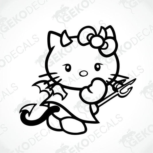 A black and white line drawing of Hello Kitty with a flower on her head and a cat tail with a fluffy end.