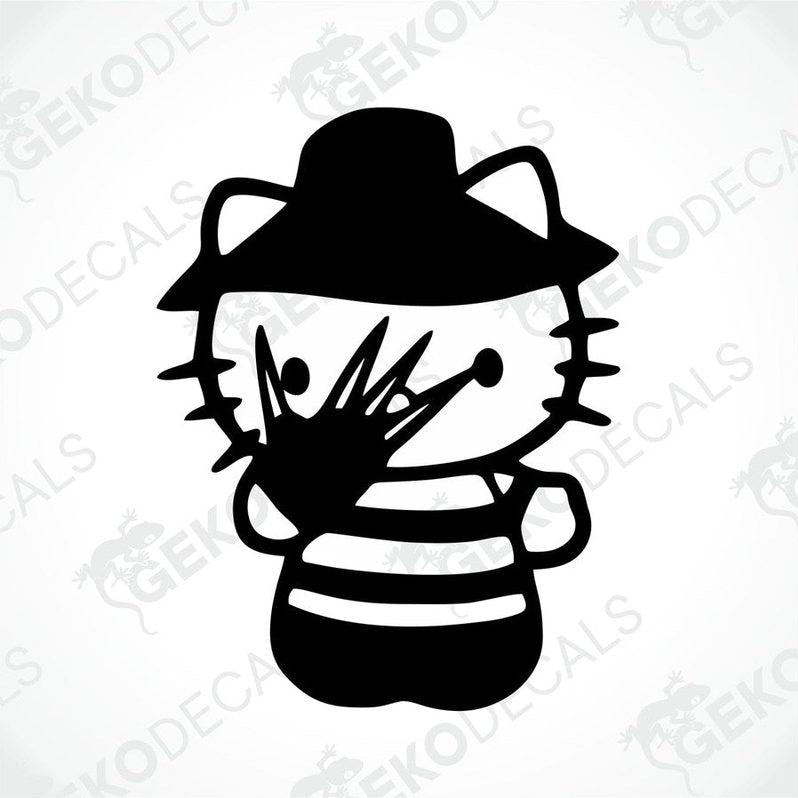 A die cut sticker depicting a stylized character resembling Hello Kitty with a striped hat and a grill, primarily in black and white.